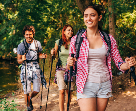 Hiking or trekking poles can be used to help maintain balance on uneven trails